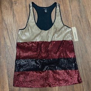 DKNY | Gold, red, black sequin tank top NWT